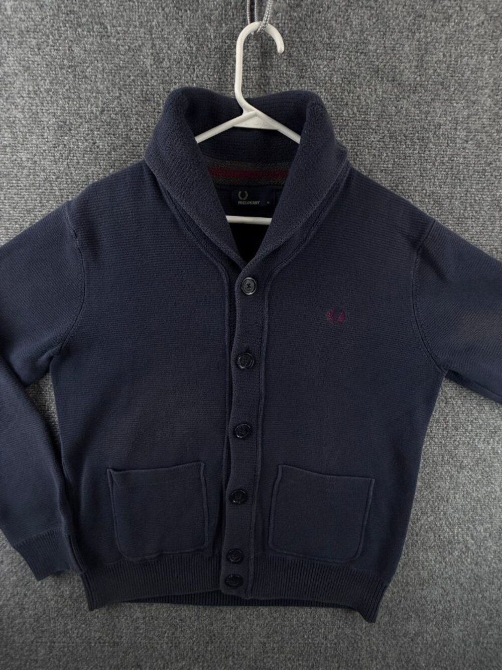 Fred Perry Sweater Medium Navy Blue Shawl Cardigan Cotton K8240 Knit Pockets
